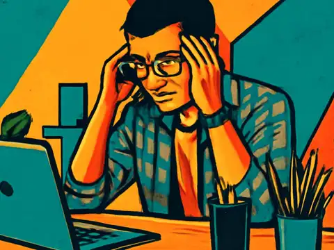 A man in glasses and a checked shirt sitting at a desk with a laptop, holding both hands to his head, rendered as a flat orange and teal illustration.