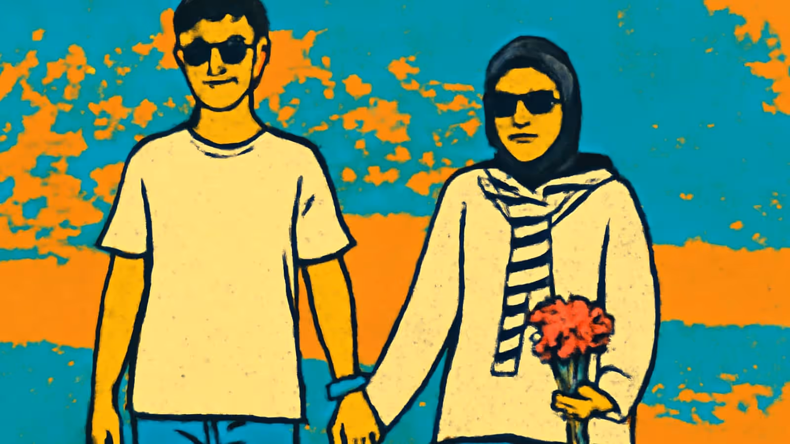 Illustration pop-art de deux personnes en lunettes de soleil se tenant côte à côte, l'une portant un bouquet de fleurs rouges.