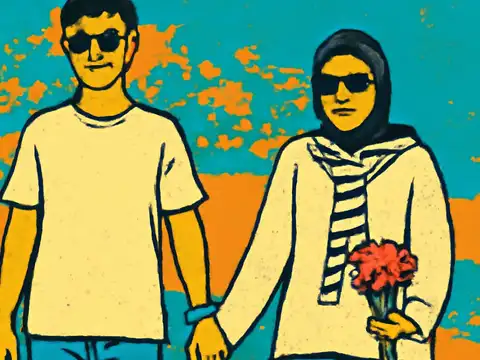 Pop-art illustration of two people in sunglasses standing side by side holding hands, one carrying a bunch of red flowers.