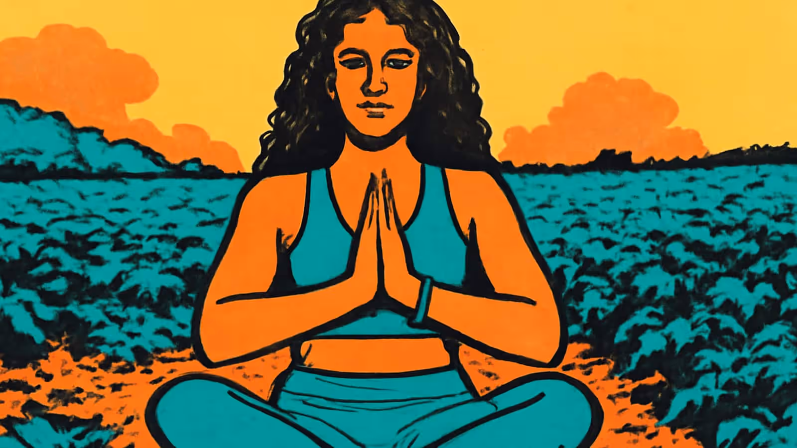 Pop-art illustration of a woman sitting cross-legged in a field with her hands together at her chest, eyes closed.