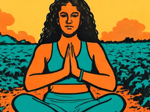 Pop-art illustration of a woman sitting cross-legged in a field with her hands together at her chest, eyes closed.