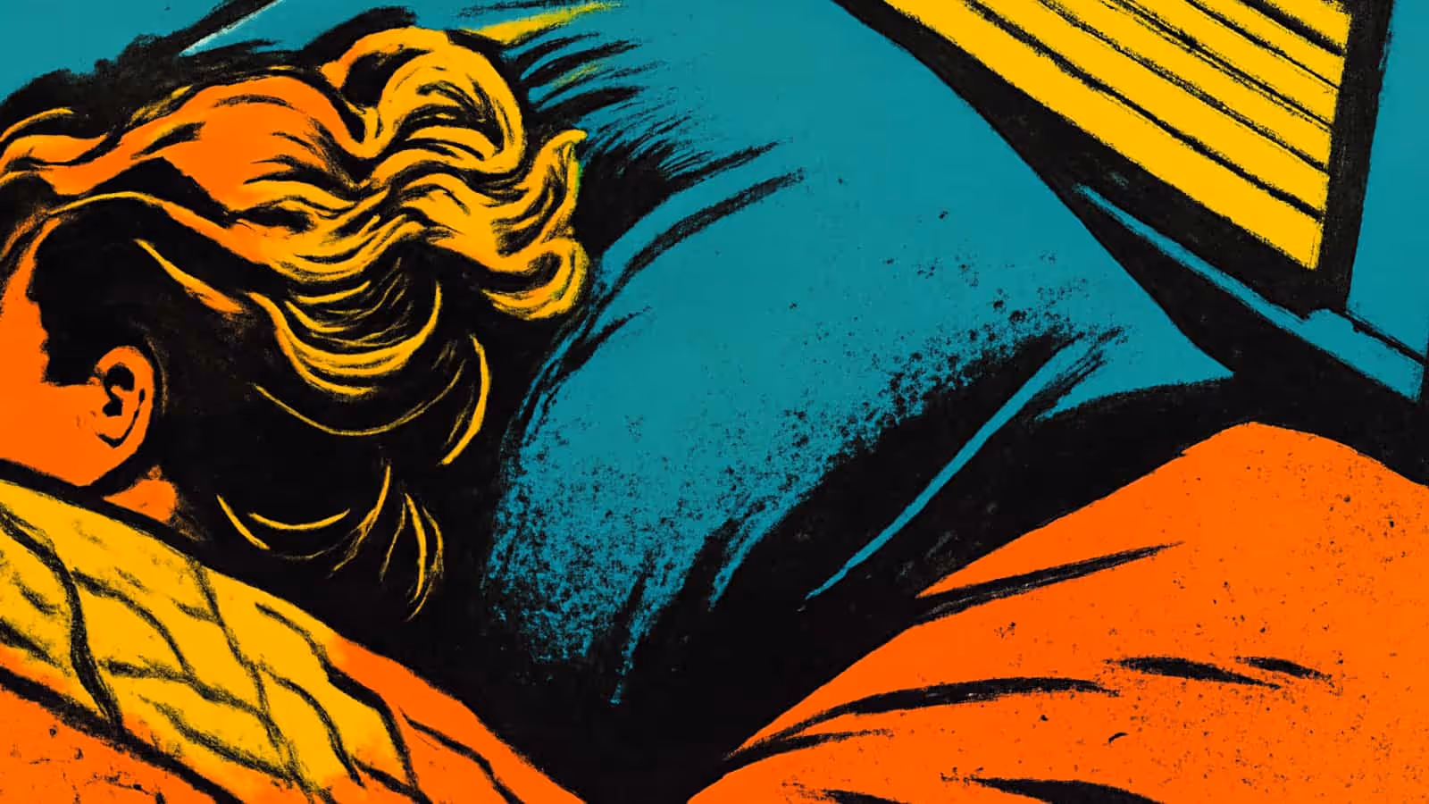 Ilustración de pop-art vista desde atrás de una persona durmiendo de lado, con el cabello esparcido sobre una almohada, y una ventana iluminada sobre la cama.