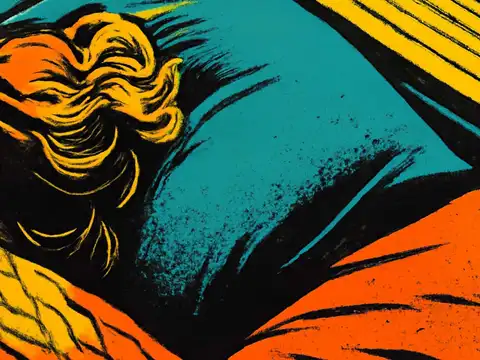 Pop-art illustration seen from behind of a person asleep on their side, hair spread across a pillow, with a lit window above the bed.