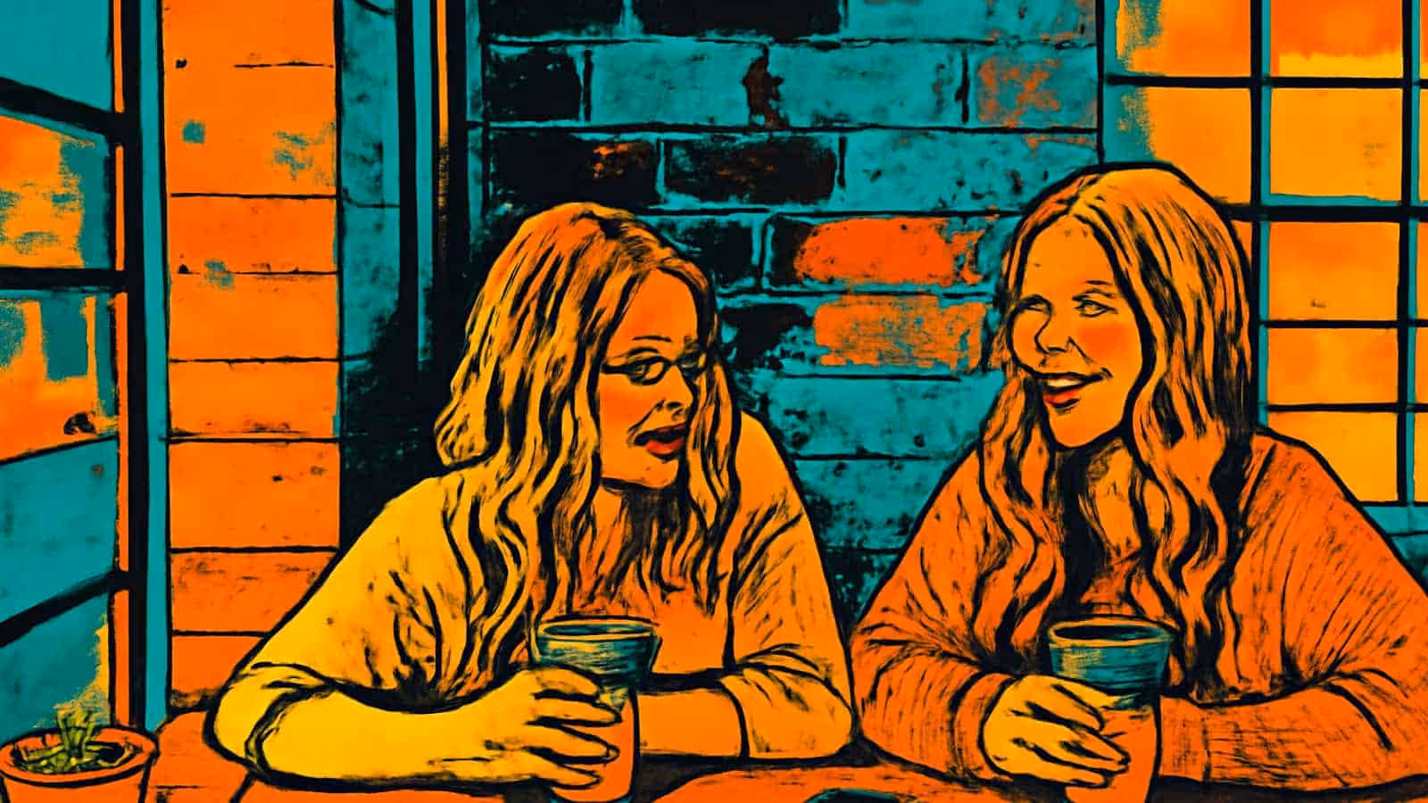 Pop-art illustration of two women sitting at a table with mugs in front of a brick wall, one talking and the other listening and smiling.