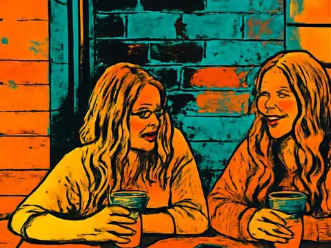 Pop-art illustration of two women sitting at a table with mugs in front of a brick wall, one talking and the other listening and smiling.