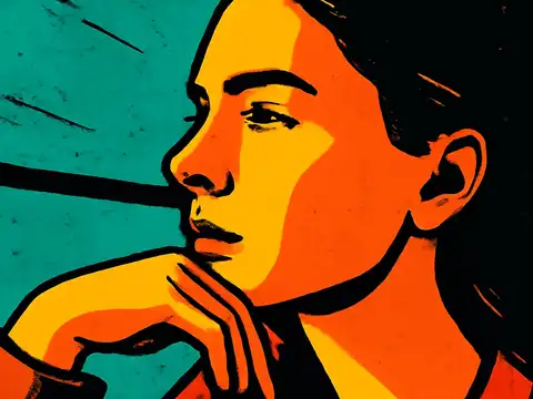Pop-art illustration of a person in profile resting their chin on one hand and looking into the middle distance, against a flat green background.