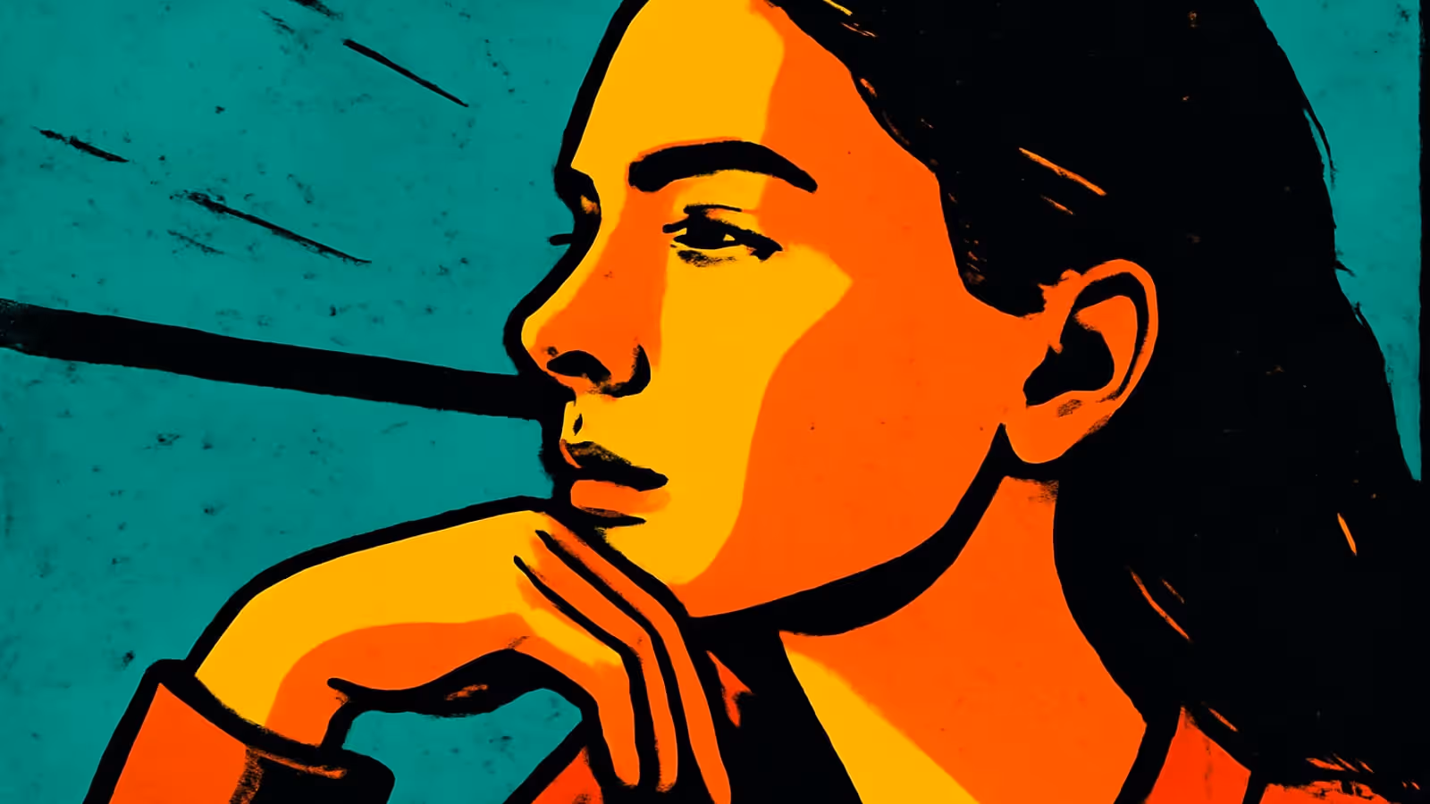 Pop-art illustration of a person in profile resting their chin on one hand and looking into the middle distance, against a flat green background.