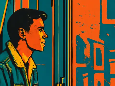 Pop-art illustration of a man in a denim jacket seen in profile, looking out through a window towards a building opposite.