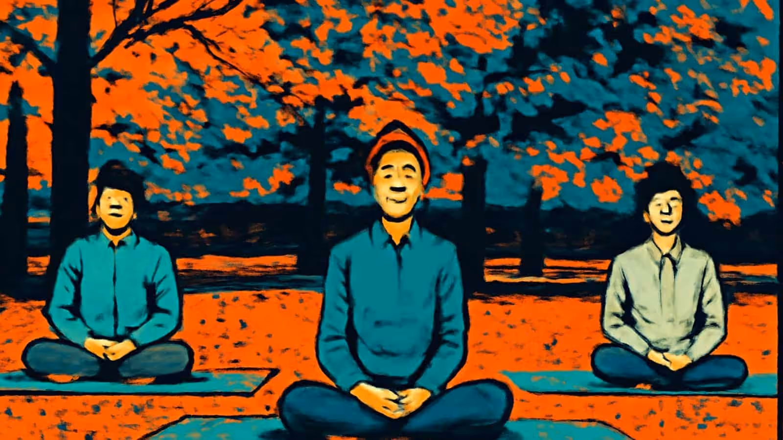 Pop-art illustration of three people sitting cross-legged on mats under autumn trees, eyes closed.
