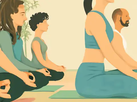 Flat vector illustration of a row of people sitting cross-legged on mats in a bright room, hands resting on their knees with thumb and finger touching, with a bamboo plant behind them.
