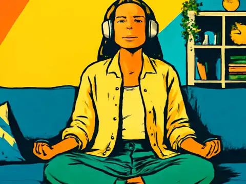 Pop-art illustration of a person with long dark hair and over-ear headphones sitting cross-legged on a blue sofa with their hands resting on their knees, in front of a shelving unit and a plant, in yellow, blue, orange and green.