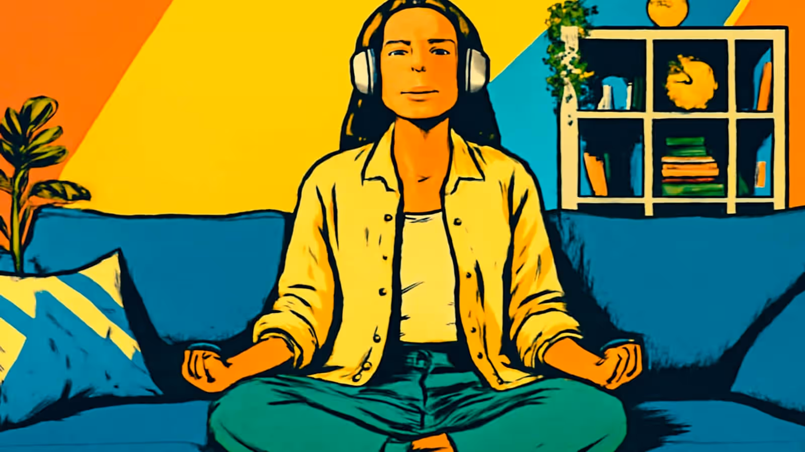 Ilustración de pop-art de una persona con cabello largo y oscuro y auriculares sobre las orejas, sentada con las piernas cruzadas en un sofá azul, con las manos apoyadas en las rodillas, frente a una estantería y una planta, en amarillo, azul, naranja y verde.