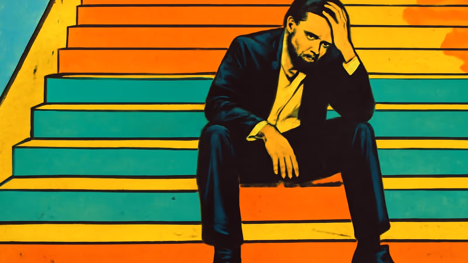 Pop-art illustration of a man in a suit sitting on brightly coloured steps, one hand pushed into his hair, looking down.