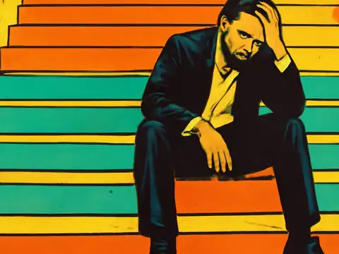 Pop-art illustration of a man in a suit sitting on brightly coloured steps, one hand pushed into his hair, looking down.