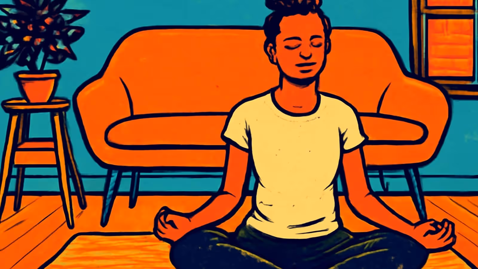 Pop-Art-Illustration einer Person, die im Schneidersitz auf einer Matte sitzt, mit geschlossenen Augen und Händen, die auf den Knien ruhen, vor einem orangefarbenen Sofa, mit einer Topfpflanze und einem Fenster hinter sich.