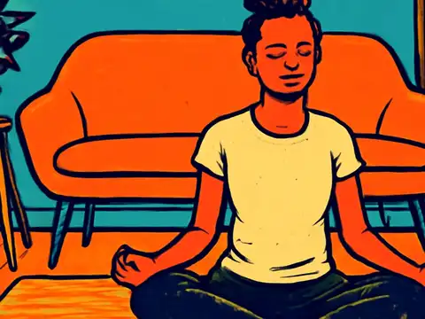 Pop-art illustration of a person sitting cross-legged on a mat with eyes closed and hands resting on their knees, in front of an orange sofa, with a potted plant and a window behind them.
