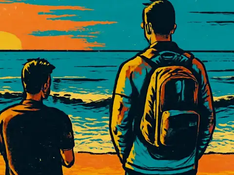 Pop-art illustration of two people standing on a beach, watching waves come in.