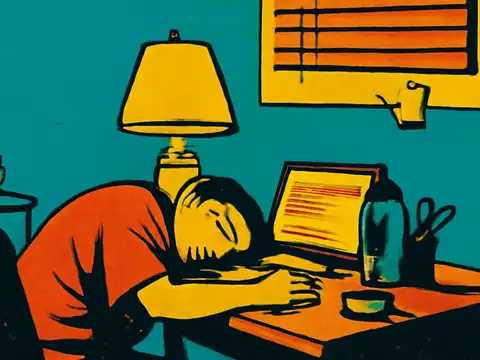 Pop-art illustration of a person slumped forward asleep at a desk beside a lit lamp and an open laptop.