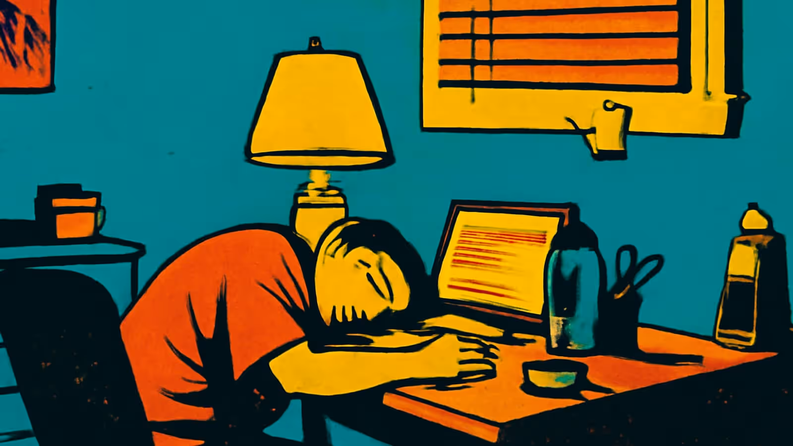 Pop-art illustration of a person slumped forward asleep at a desk beside a lit lamp and an open laptop.