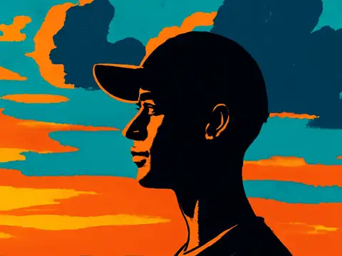 Pop-art illustration of a man in a cap seen in profile against a wide, cloud-filled sky.