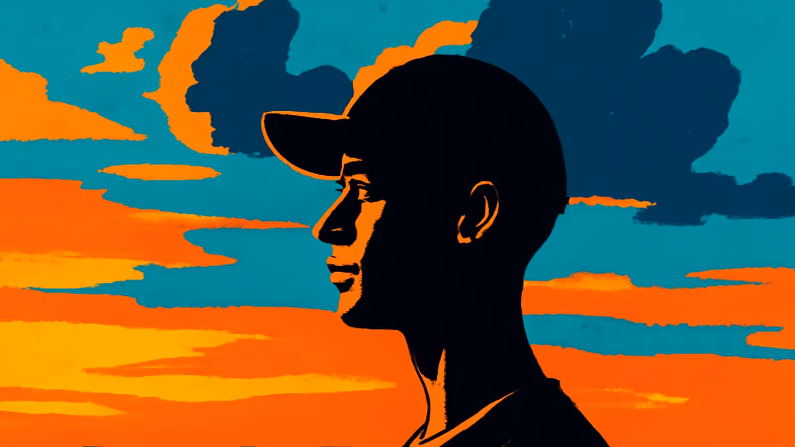 Pop-art illustration of a man in a cap seen in profile against a wide, cloud-filled sky.