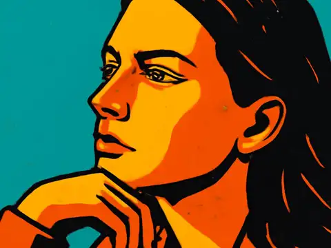 Pop-art illustration of a woman resting her chin on her hand, looking away.