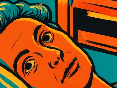Pop-art illustration of a woman lying on a bed at night with her eyes open.