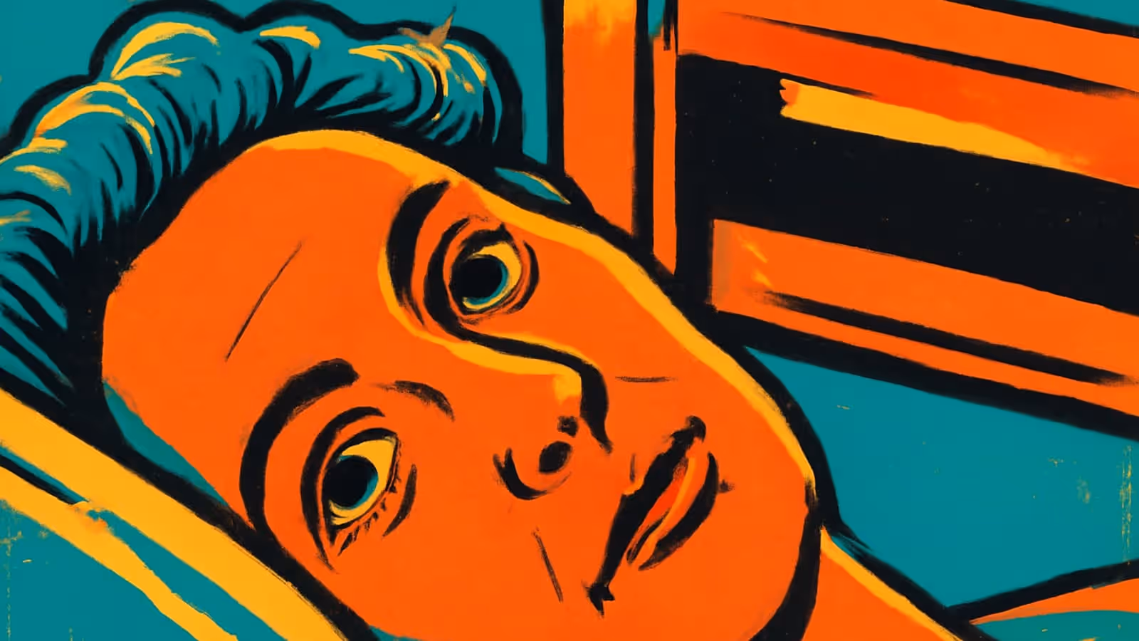 Pop-art illustration of a woman lying on a bed at night with her eyes open.