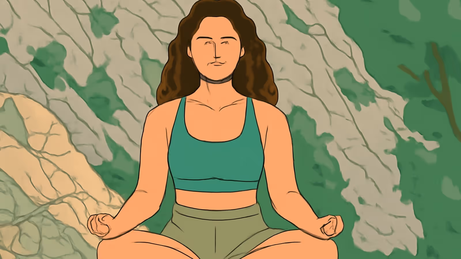Flat vector illustration of a person with long wavy brown hair sitting cross-legged with eyes closed and hands resting on their knees, in a green top and olive shorts, in front of a rocky green and beige background.