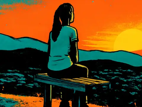 Pop-art illustration of a person sitting alone on a bench, looking out across a mountain valley.