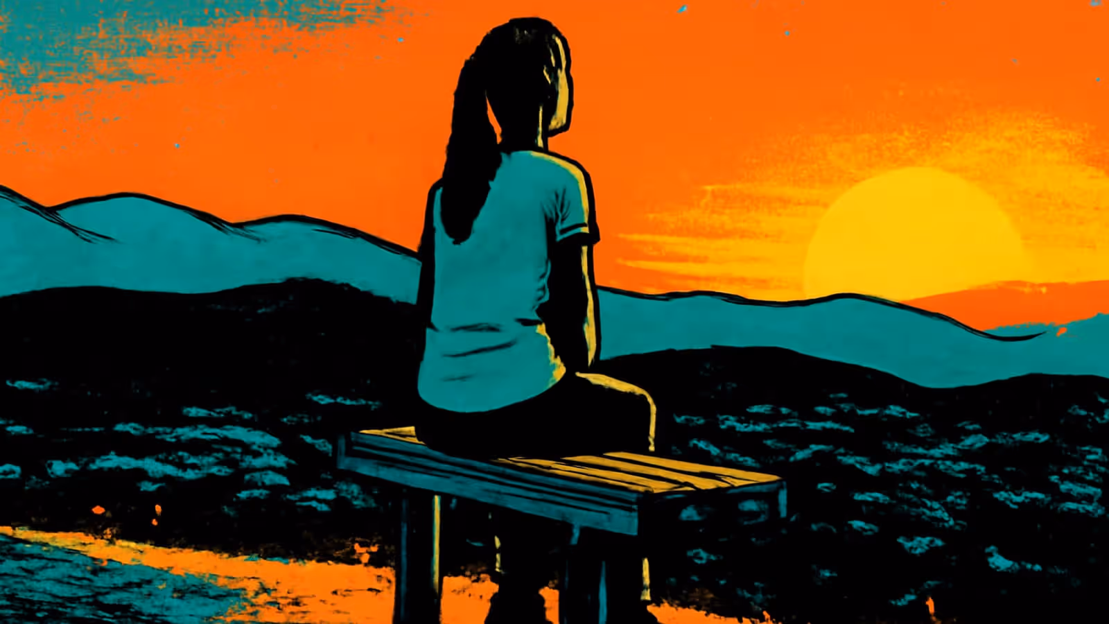 Pop-art illustration of a person sitting alone on a bench, looking out across a mountain valley.