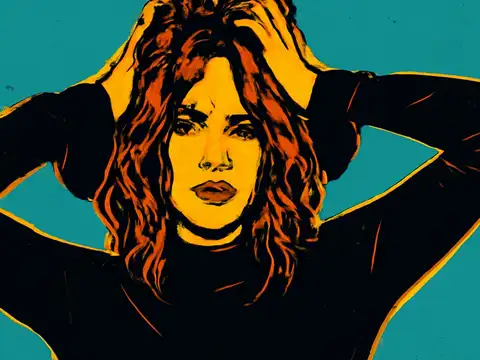 Pop-art illustration of a woman with both hands pushed back into her hair, looking straight ahead with a tense expression, against a flat teal background.