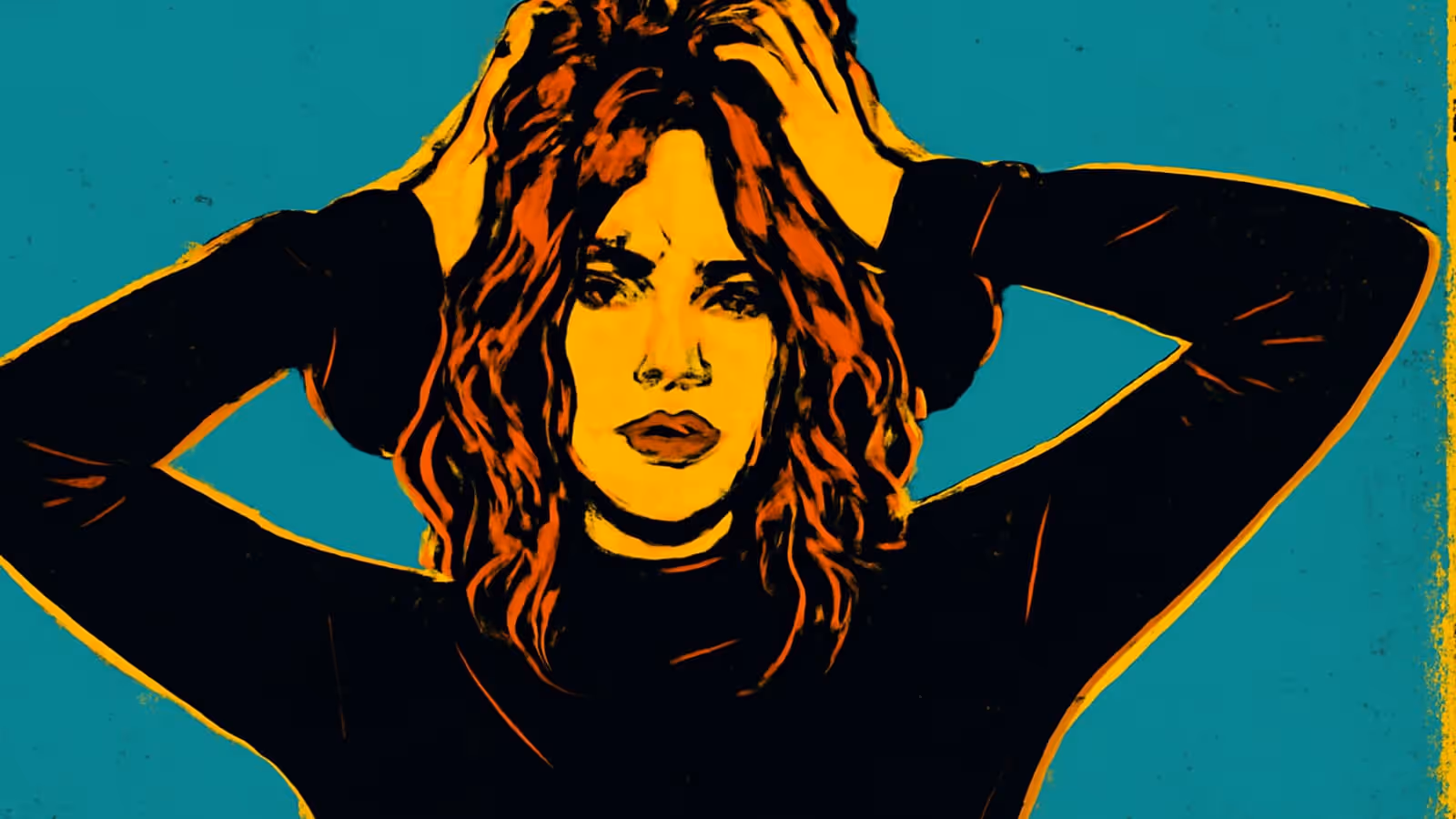 Pop-art illustration of a woman with both hands pushed back into her hair, looking straight ahead with a tense expression, against a flat teal background.