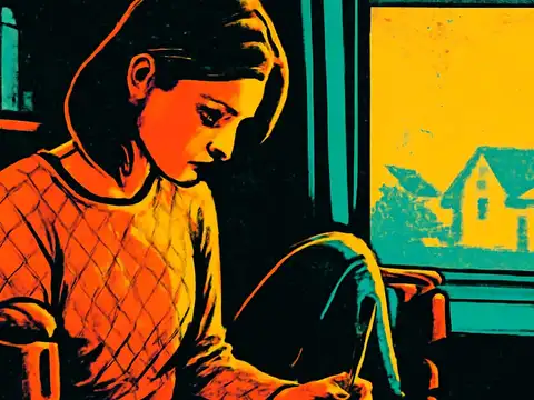 Pop-art illustration of a woman sitting in a chair by a window, writing with her head bowed.