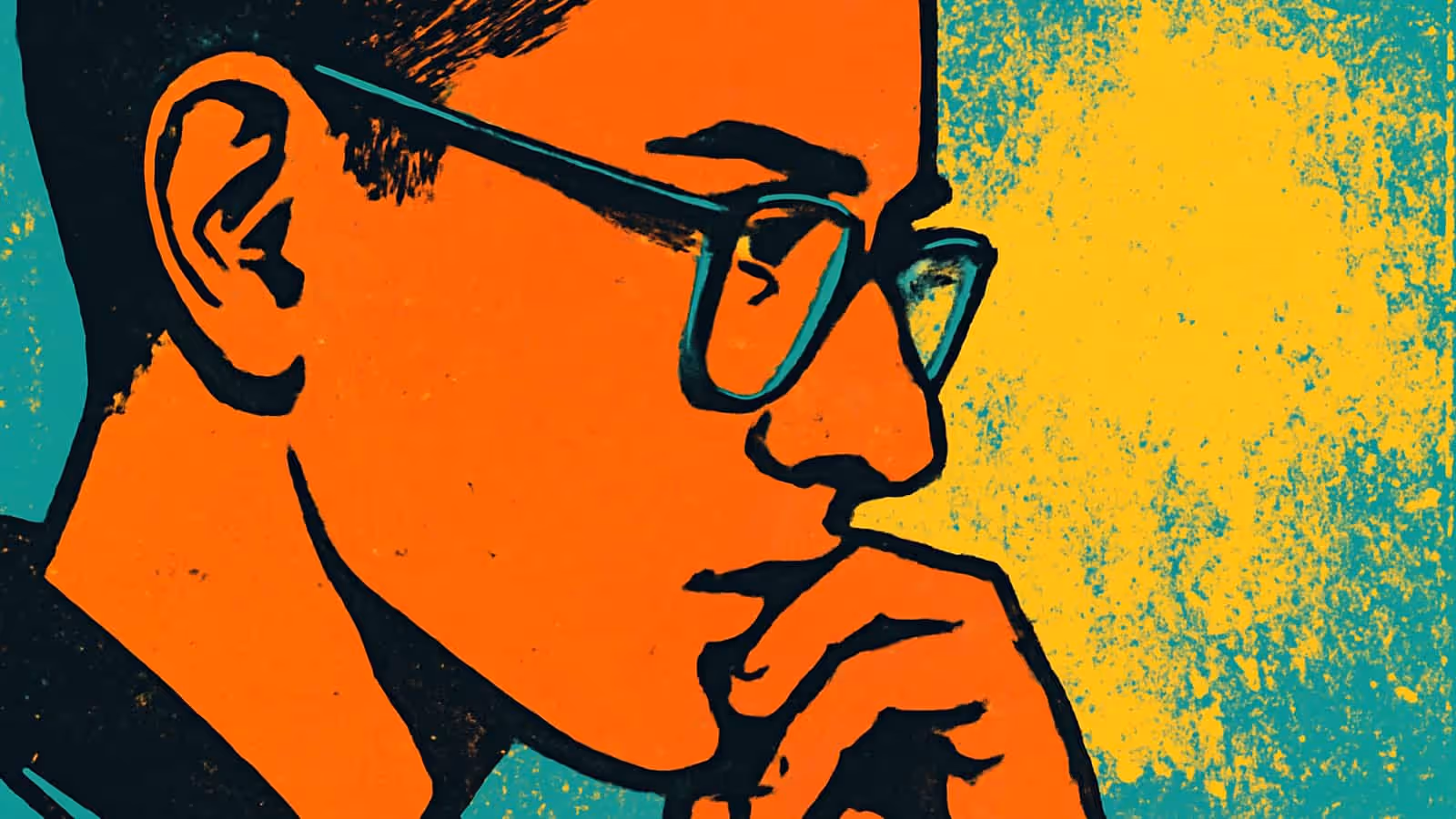 Pop-art illustration of a person in glasses shown in close profile, hand resting against their chin, looking down.