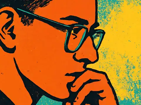 Pop-art illustration of a person in glasses shown in close profile, hand resting against their chin, looking down.