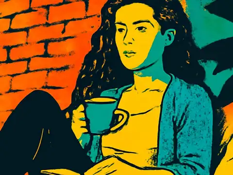 Pop-art illustration of a woman sitting against a brick wall holding a mug.