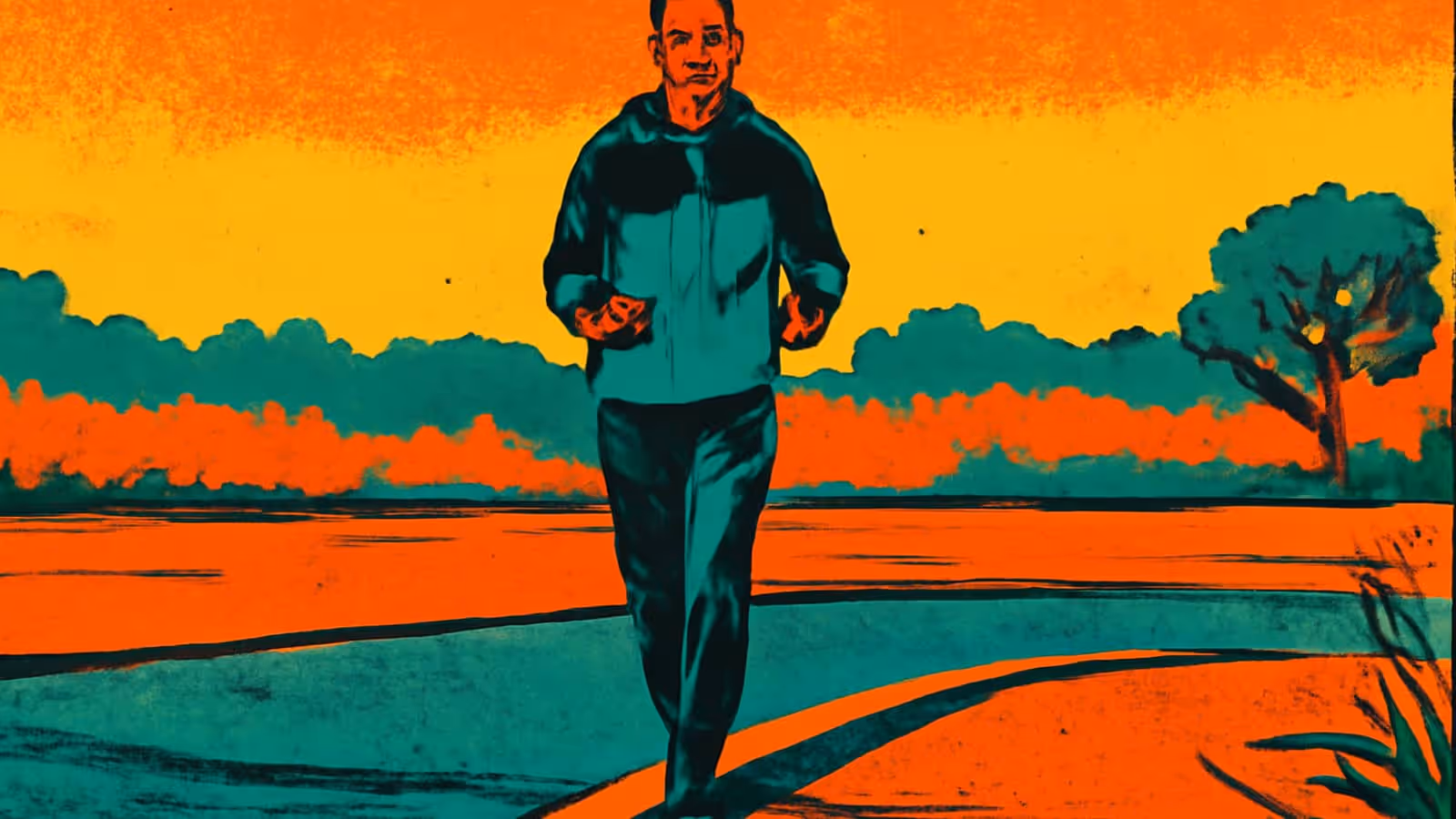 A man in a tracksuit running along a path at sunrise, rendered as a flat orange, yellow and teal illustration.