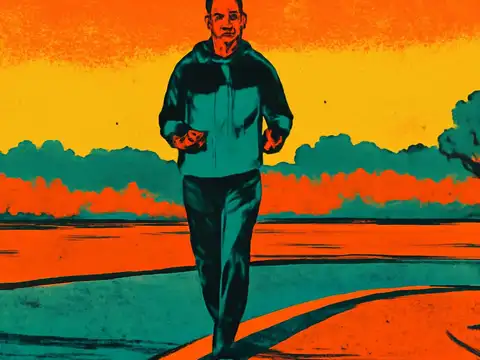A man in a tracksuit running along a path at sunrise, rendered as a flat orange, yellow and teal illustration.
