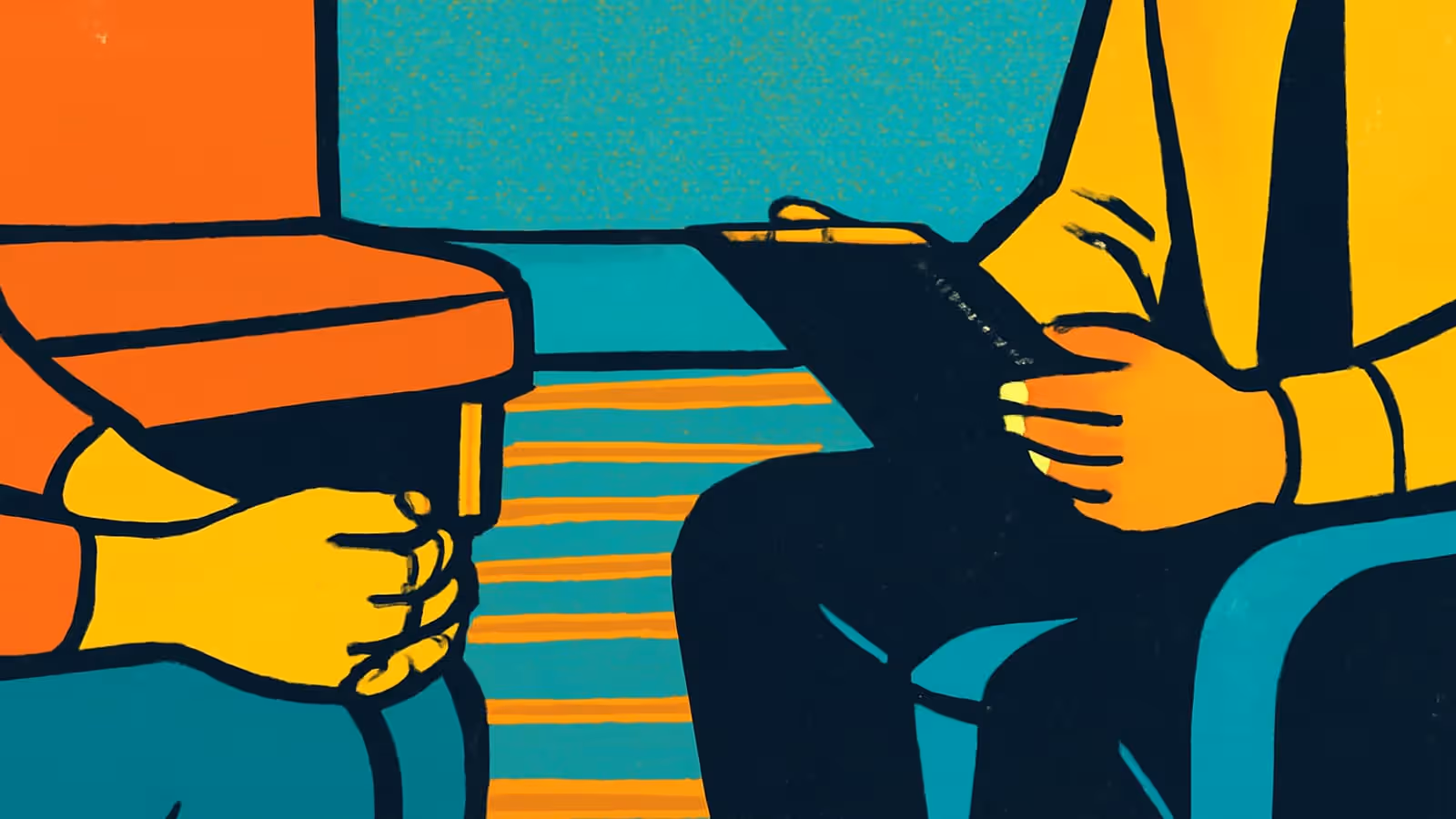 Two seated people facing each other, one holding a mug and the other a clipboard, rendered as a flat orange, yellow and teal illustration.