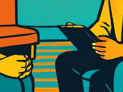 Two seated people facing each other, one holding a mug and the other a clipboard, rendered as a flat orange, yellow and teal illustration.