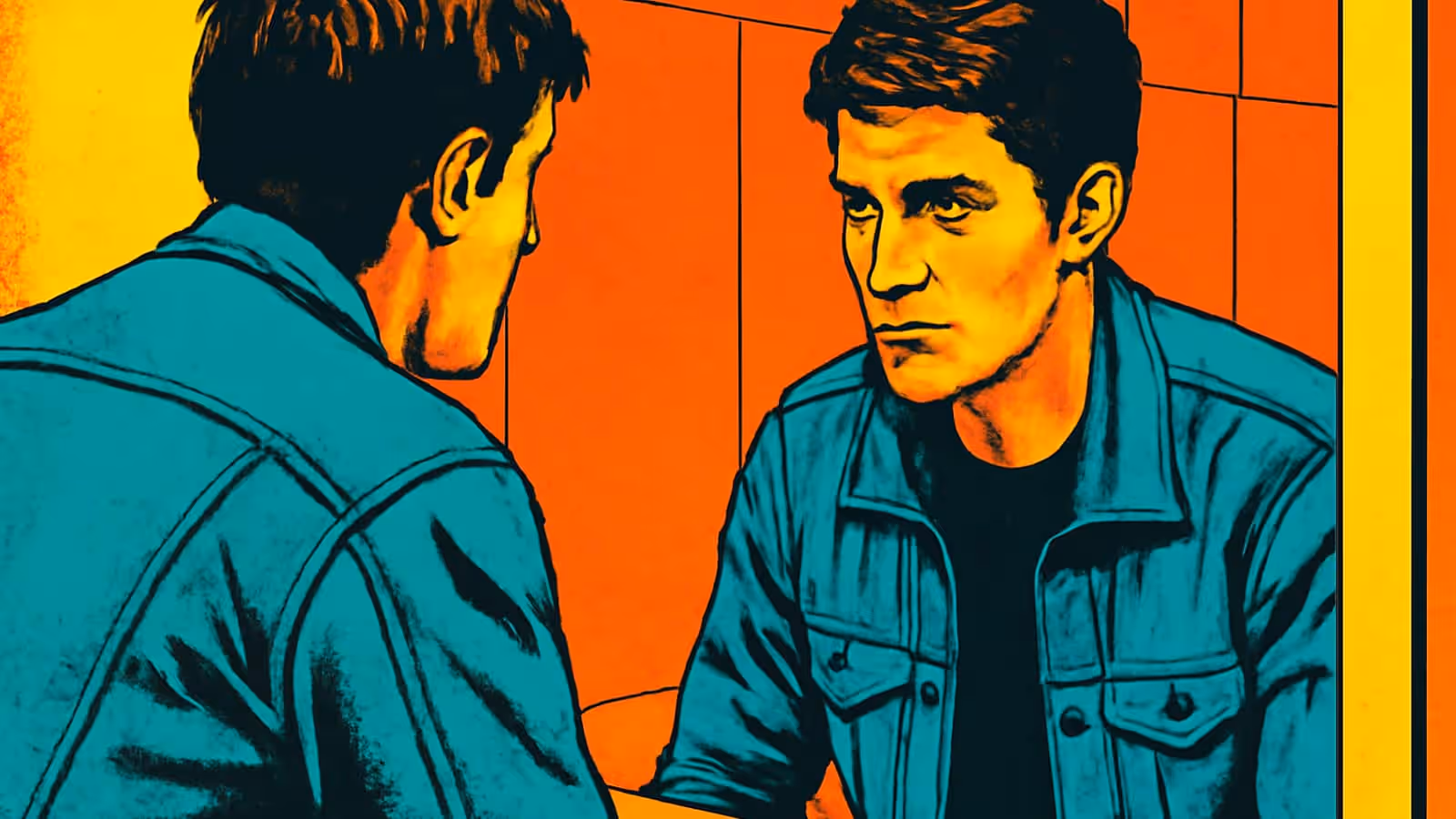 Pop-art illustration of a man in a denim jacket facing his own reflection in a bathroom mirror.