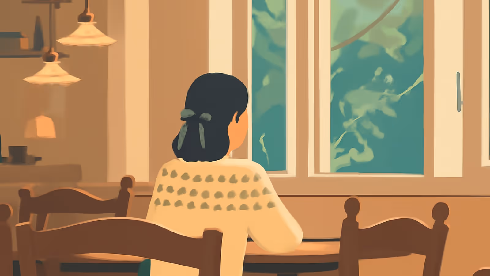 Flat vector illustration of a person with dark hair tied back with a ribbon, seen from behind in a cream patterned sweater, sitting at a wooden table and looking out of a window onto green foliage, with pendant lamps and chairs around.