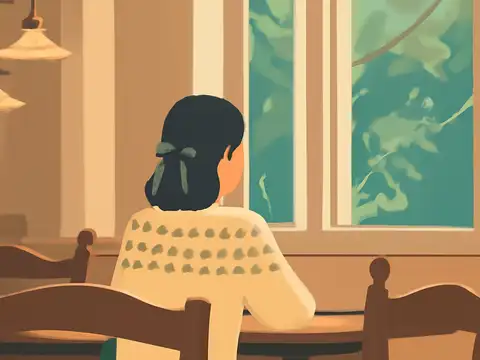 Flat vector illustration of a person with dark hair tied back with a ribbon, seen from behind in a cream patterned sweater, sitting at a wooden table and looking out of a window onto green foliage, with pendant lamps and chairs around.