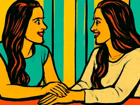 Pop-art illustration of two women sitting across a table from each other in conversation, one resting a hand on the other, in teal and yellow.