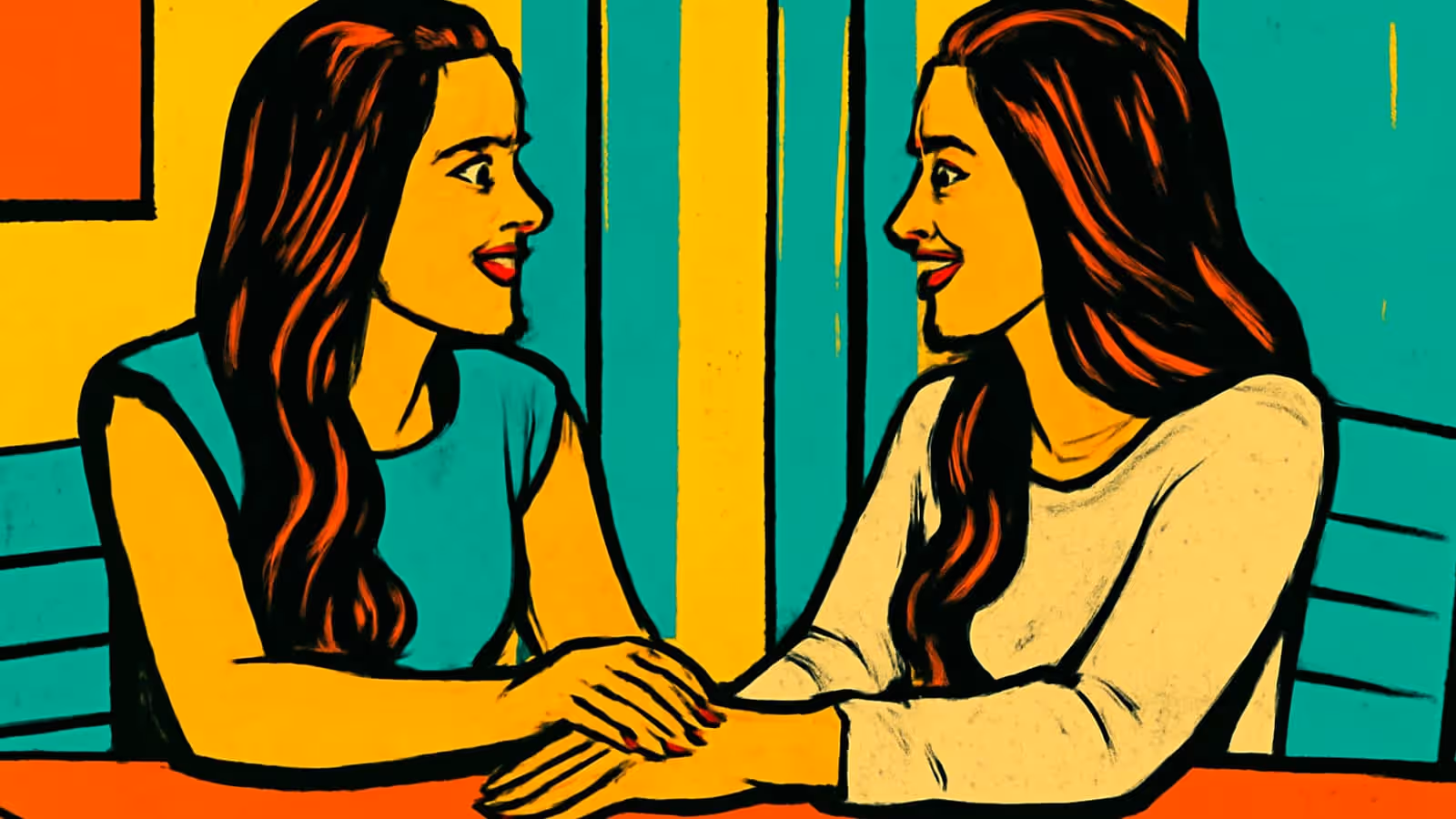 Pop-art illustration of two women sitting across a table from each other in conversation, one resting a hand on the other, in teal and yellow.