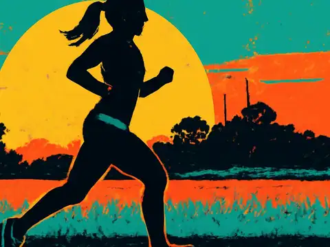 Pop-art illustration of a runner in silhouette mid-stride against a large yellow sun, with an orange treeline and teal sky behind.