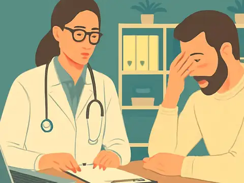 Flat vector illustration of a bearded man sitting at a desk with his hand pressed to his face, a doctor beside him reviewing a clipboard.