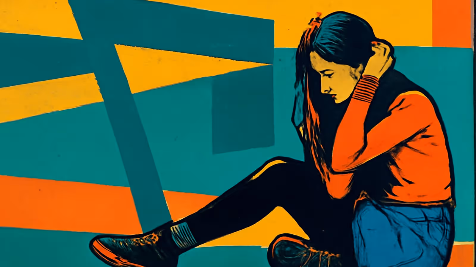 Pop-art illustration of a woman sitting on the floor against a wall of teal and yellow blocks, knees drawn up, one hand pushed back through her hair.