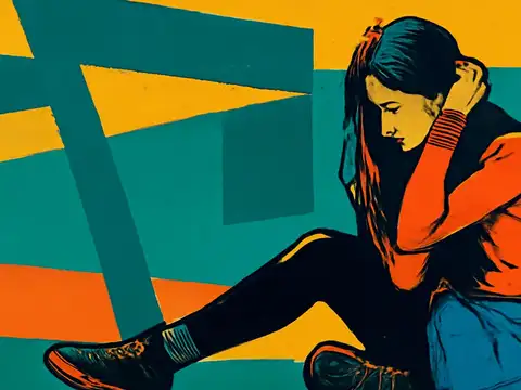 Pop-art illustration of a woman sitting on the floor against a wall of teal and yellow blocks, knees drawn up, one hand pushed back through her hair.